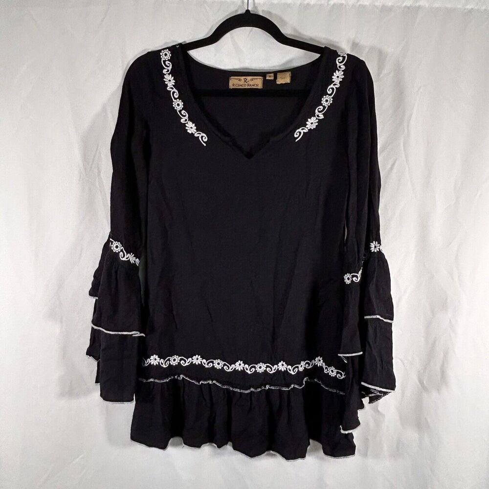 R Cinco Ranch Tunic Women's Small Black Long Bell Sleeve Vneck Lightweight